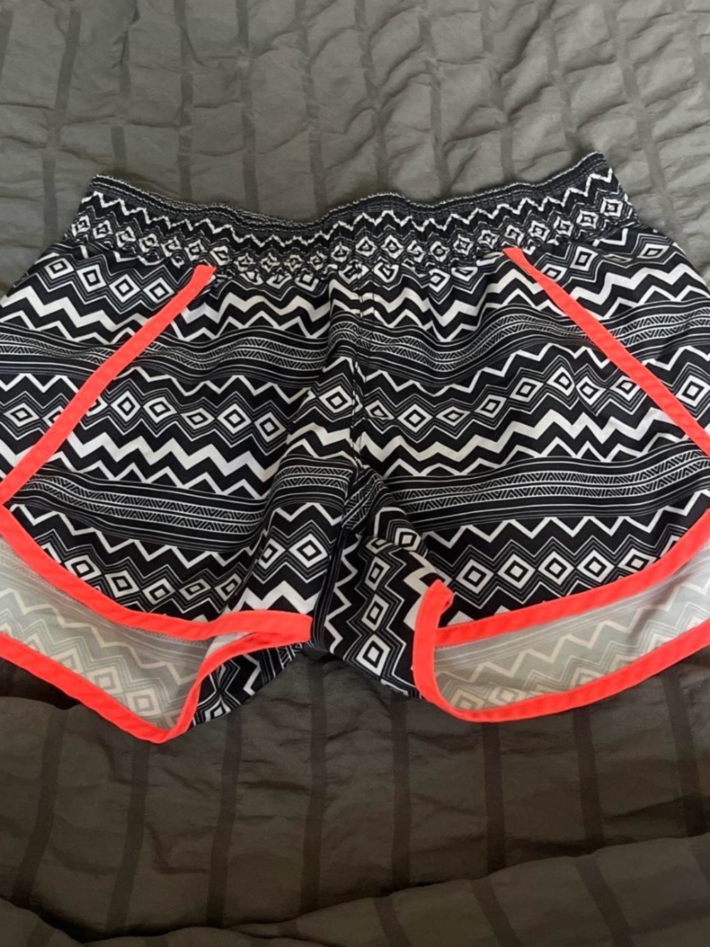 OP Women’s Black & White Geo Athletic Shorts with Neon Coral Trim